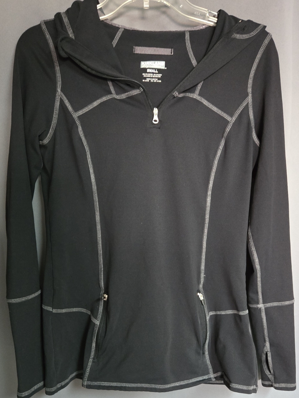 Kirkland Signature Black Hooded Half-Zip Sweater with Contrast Stitching